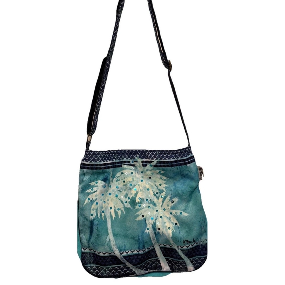 Paul Brent Palm Tree Crossbody Purse Blue Tropical Sequined Beach Shoulder Bag